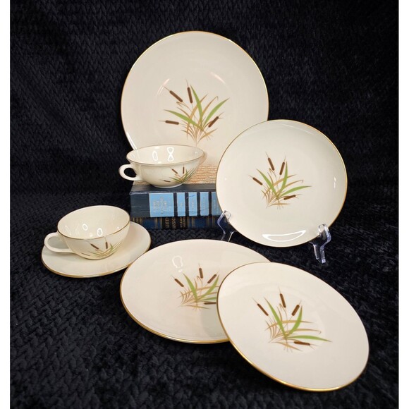 VTG Lenox Cattail China 7 PC Place Setting – Mid-Century Gold Rim Dinnerware - Picture 1 of 16